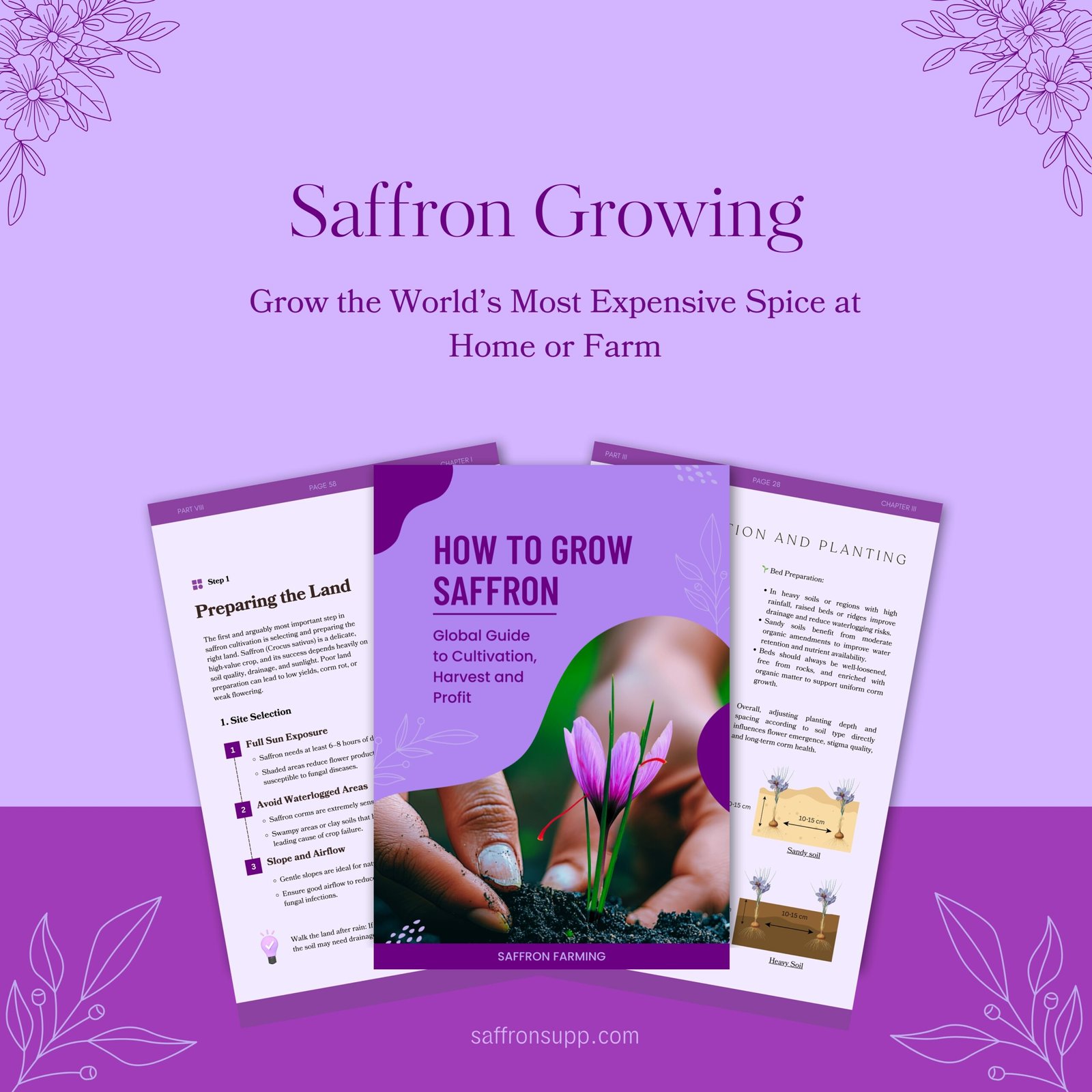 How to Grow Saffron eBook cover – step-by-step guide to cultivating saffron at home or on a farm